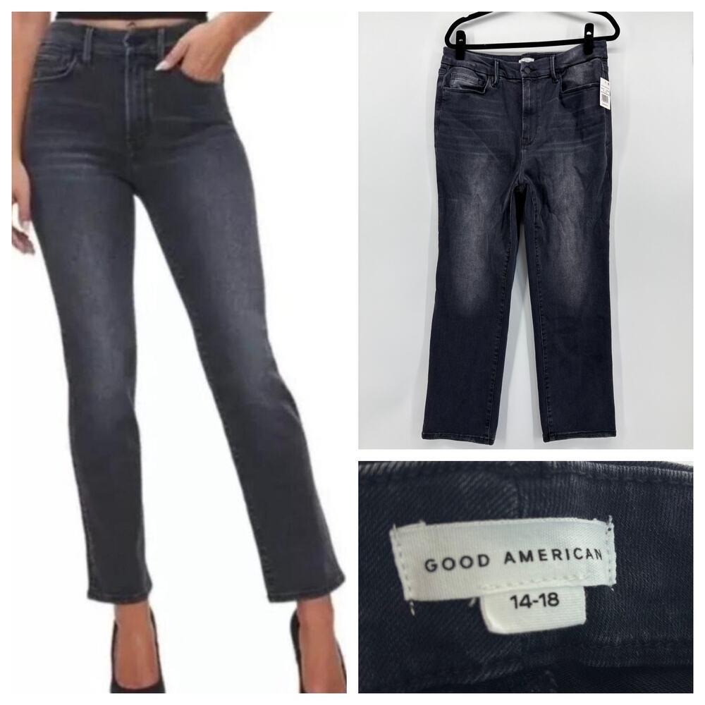NWT Good American Jeans Good Legs Straight Black Size 14-18 x 28 High Rise